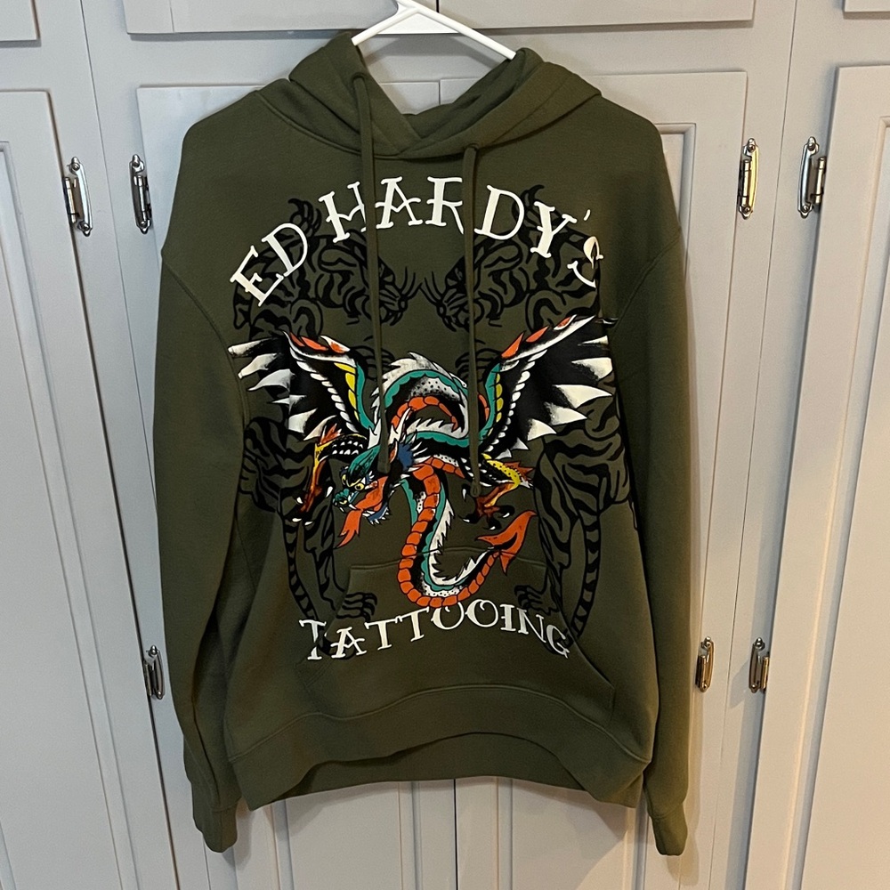 NWT Men’s Ed Hardy Men's Olive Green Dragon Hoodie, new, medium